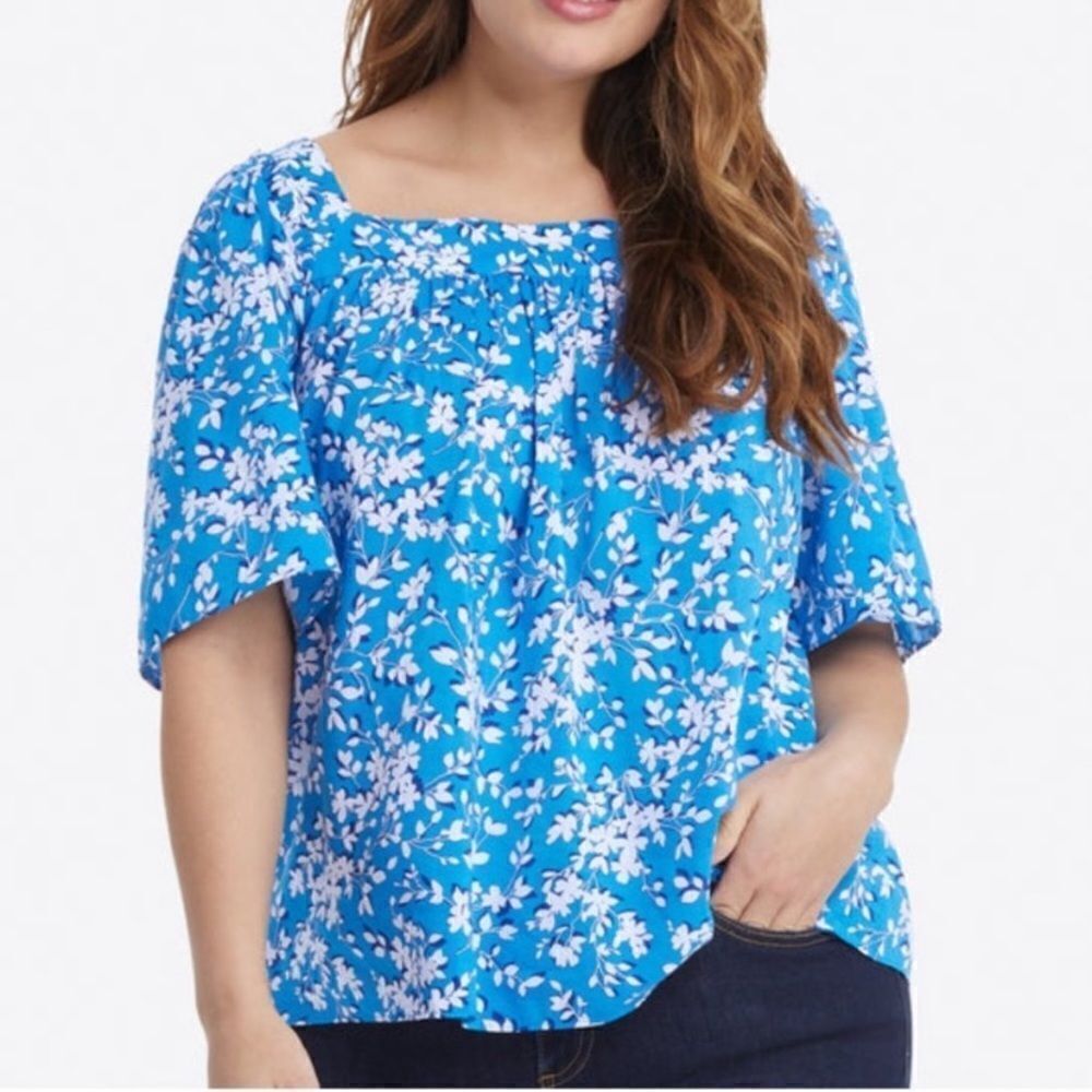 Draper James Maren Bluebell Shadow Blue White Floral Square Neck Ruffle 1X